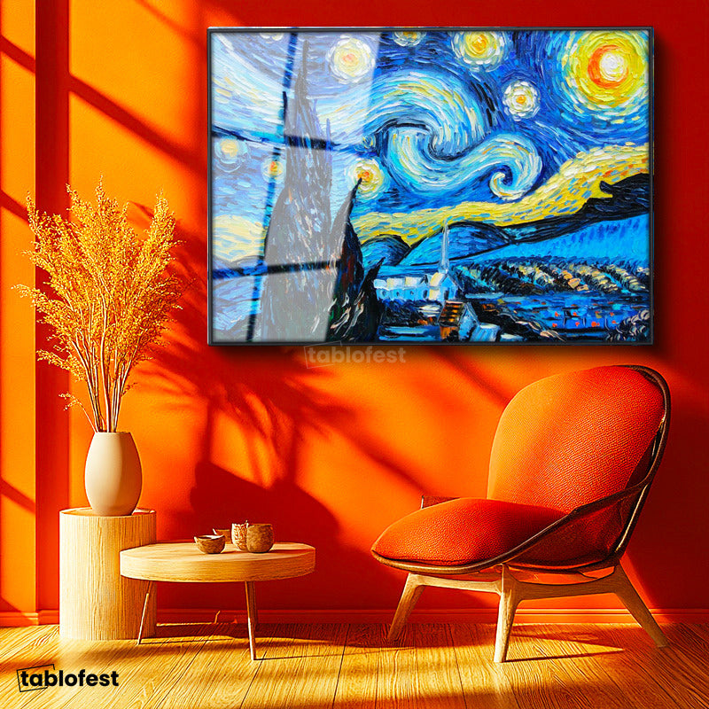 Siyah Renk Metal Çerçeveli Tamperli Cam Tablo Vincent van Gogh Yıldızlı Gece Manzarası Ressam Tablosu Duvar Dekoru