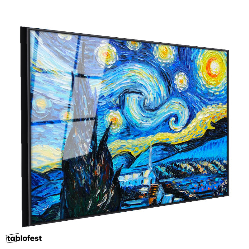 Siyah Renk Metal Çerçeveli Tamperli Cam Tablo Vincent van Gogh Yıldızlı Gece Manzarası Ressam Tablosu Duvar Dekoru