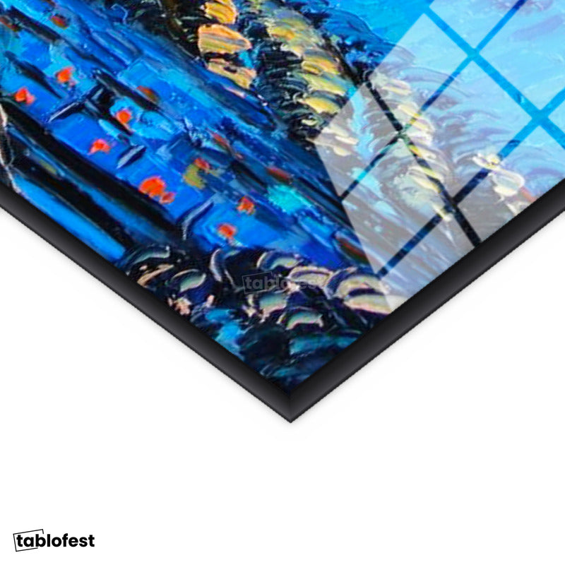 Siyah Renk Metal Çerçeveli Tamperli Cam Tablo Vincent van Gogh Yıldızlı Gece Manzarası Ressam Tablosu Duvar Dekoru