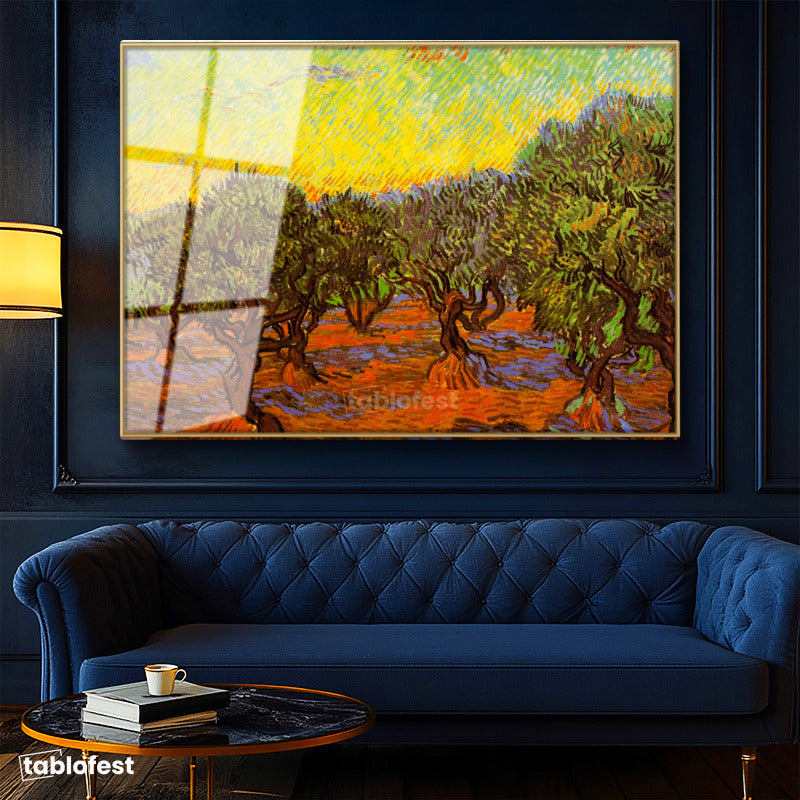 Altın Renk Metal Çerçeveli Tamperli Cam Tablo Vincent van Gogh Zeytin Ağaçları Tarlası Ressam Tablosu Dekoru