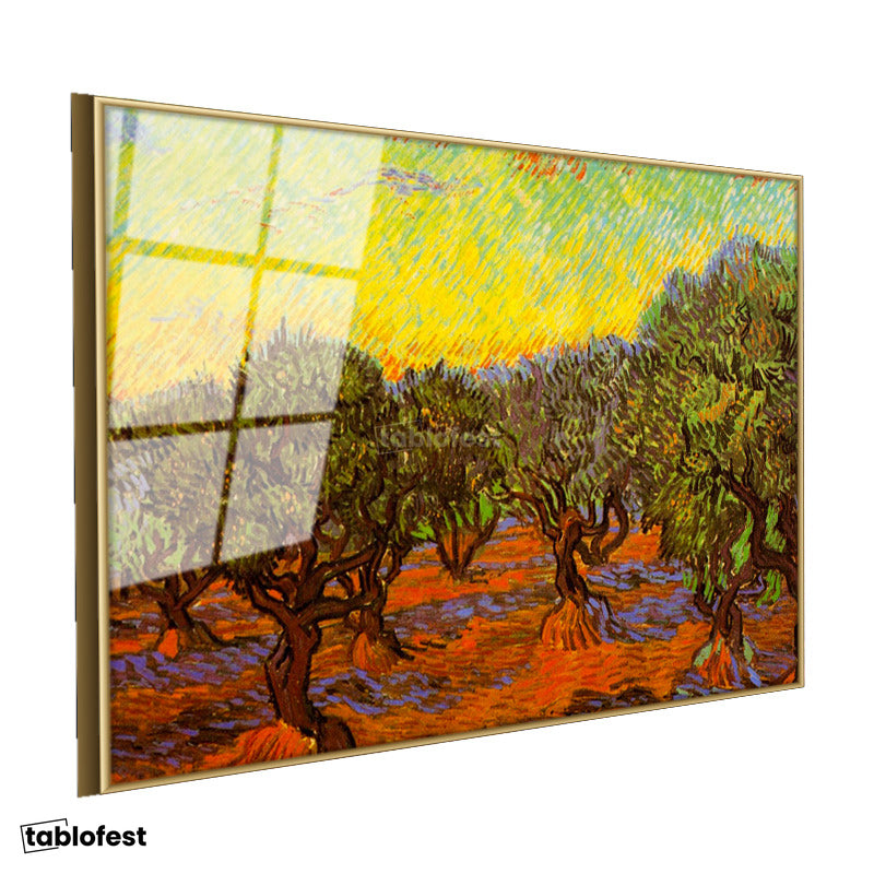 Altın Renk Metal Çerçeveli Tamperli Cam Tablo Vincent van Gogh Zeytin Ağaçları Tarlası Ressam Tablosu Dekoru