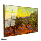 Altın Renk Metal Çerçeveli Tamperli Cam Tablo Vincent van Gogh Zeytin Ağaçları Tarlası Ressam Tablosu Dekoru