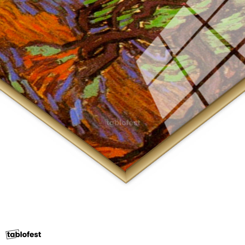 Altın Renk Metal Çerçeveli Tamperli Cam Tablo Vincent van Gogh Zeytin Ağaçları Tarlası Ressam Tablosu Dekoru