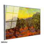 Gümüş Renk Metal Çerçeveli Tamperli Cam Tablo Vincent van Gogh Zeytin Ağaçları Tarlası Ressam Tablosu Dekoru