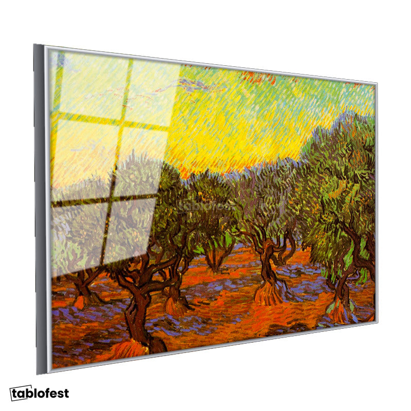 Gümüş Renk Metal Çerçeveli Tamperli Cam Tablo Vincent van Gogh Zeytin Ağaçları Tarlası Ressam Tablosu Dekoru