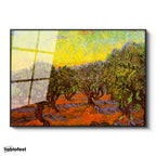 Siyah Renk Metal Çerçeveli Tamperli Cam Tablo Vincent van Gogh Zeytin Ağaçları Tarlası Ressam Tablosu Dekoru