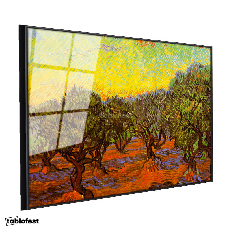 Siyah Renk Metal Çerçeveli Tamperli Cam Tablo Vincent van Gogh Zeytin Ağaçları Tarlası Ressam Tablosu Dekoru