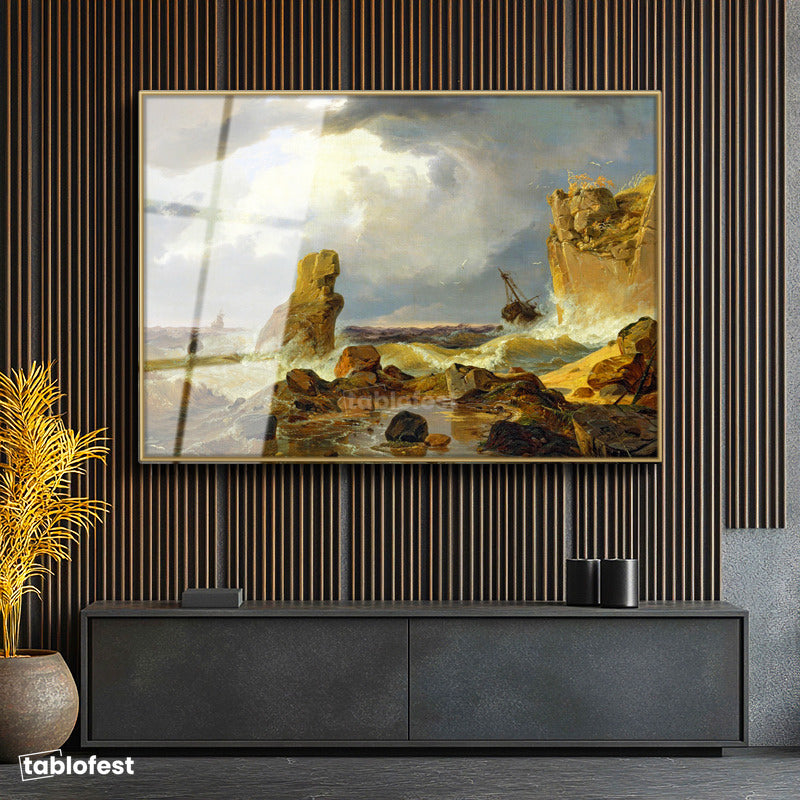Altın Renk Metal Çerçeveli Tamperli Cam Tablo C.D. Friedrich Batık Gemi Fırtınalı Deniz Kayalık Ressam Tablosu Dekoru