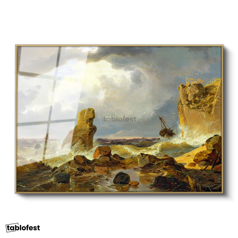 Altın Renk Metal Çerçeveli Tamperli Cam Tablo C.D. Friedrich Batık Gemi Fırtınalı Deniz Kayalık Ressam Tablosu Dekoru