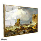 Altın Renk Metal Çerçeveli Tamperli Cam Tablo C.D. Friedrich Batık Gemi Fırtınalı Deniz Kayalık Ressam Tablosu Dekoru