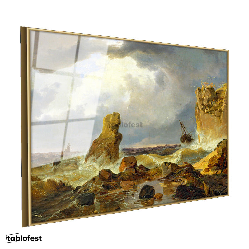 Altın Renk Metal Çerçeveli Tamperli Cam Tablo C.D. Friedrich Batık Gemi Fırtınalı Deniz Kayalık Ressam Tablosu Dekoru