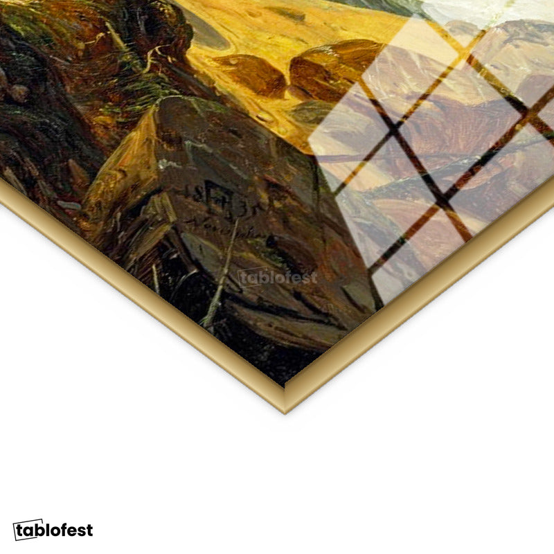 Altın Renk Metal Çerçeveli Tamperli Cam Tablo C.D. Friedrich Batık Gemi Fırtınalı Deniz Kayalık Ressam Tablosu Dekoru