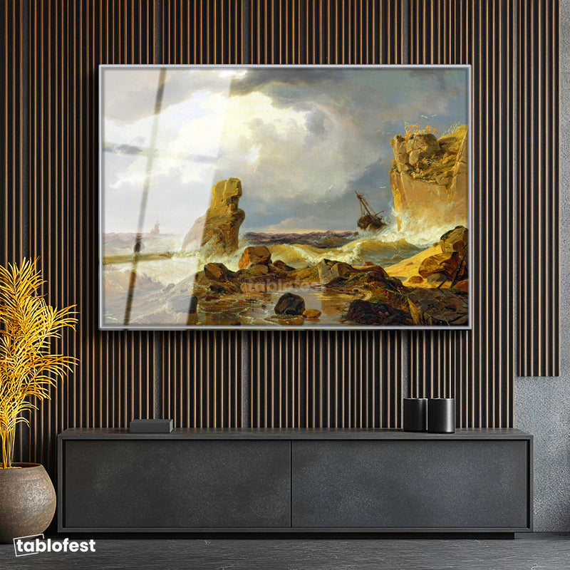 Gümüş Renk Metal Çerçeveli Tamperli Cam Tablo C.D. Friedrich Batık Gemi Fırtınalı Deniz Kayalık Ressam Tablosu Dekoru