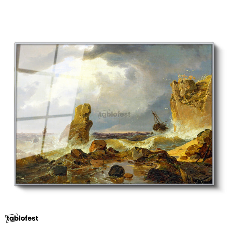 Gümüş Renk Metal Çerçeveli Tamperli Cam Tablo C.D. Friedrich Batık Gemi Fırtınalı Deniz Kayalık Ressam Tablosu Dekoru