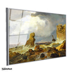 Gümüş Renk Metal Çerçeveli Tamperli Cam Tablo C.D. Friedrich Batık Gemi Fırtınalı Deniz Kayalık Ressam Tablosu Dekoru