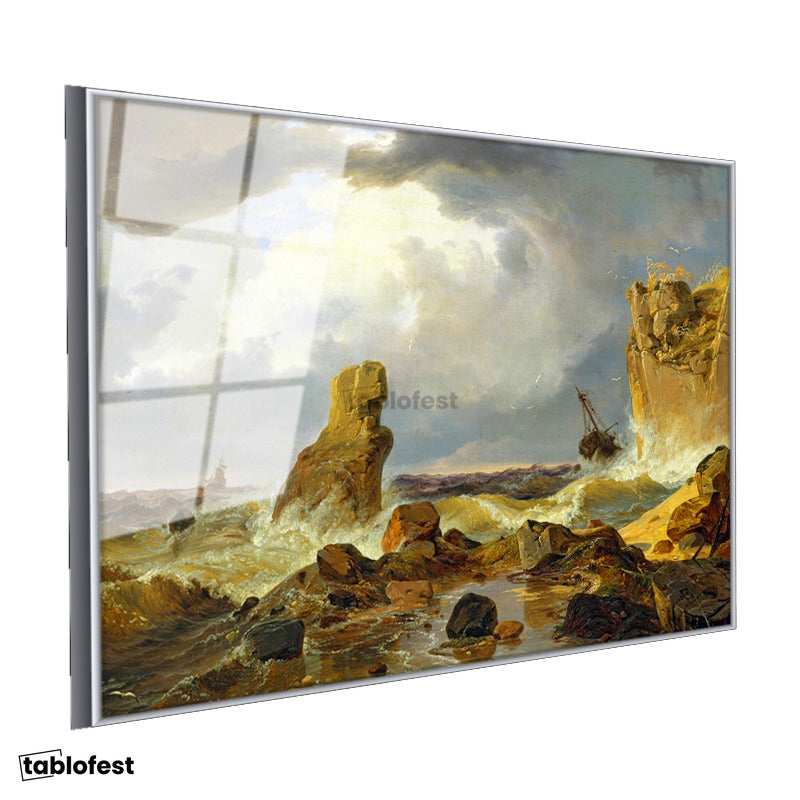 Gümüş Renk Metal Çerçeveli Tamperli Cam Tablo C.D. Friedrich Batık Gemi Fırtınalı Deniz Kayalık Ressam Tablosu Dekoru