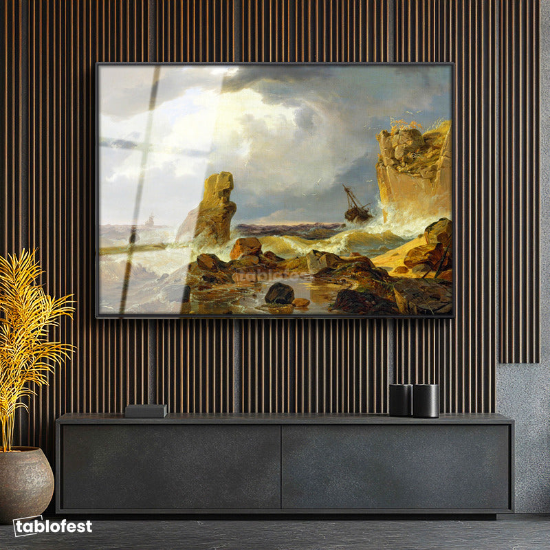 Siyah Renk Metal Çerçeveli Tamperli Cam Tablo C.D. Friedrich Batık Gemi Fırtınalı Deniz Kayalık Ressam Tablosu Dekoru