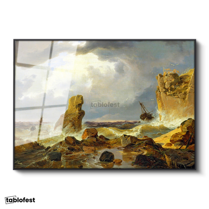 Siyah Renk Metal Çerçeveli Tamperli Cam Tablo C.D. Friedrich Batık Gemi Fırtınalı Deniz Kayalık Ressam Tablosu Dekoru