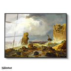 Siyah Renk Metal Çerçeveli Tamperli Cam Tablo C.D. Friedrich Batık Gemi Fırtınalı Deniz Kayalık Ressam Tablosu Dekoru