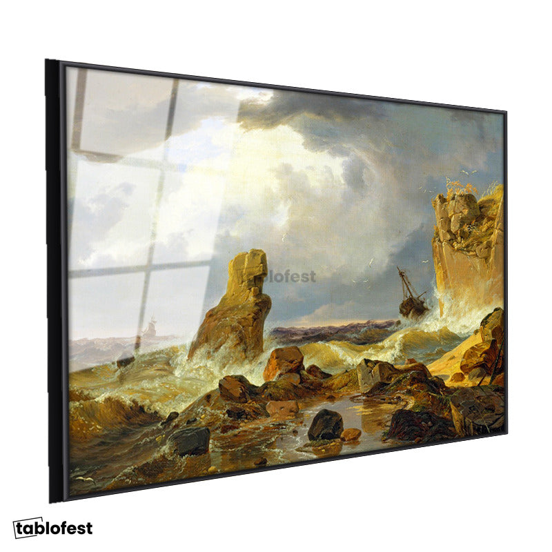 Siyah Renk Metal Çerçeveli Tamperli Cam Tablo C.D. Friedrich Batık Gemi Fırtınalı Deniz Kayalık Ressam Tablosu Dekoru