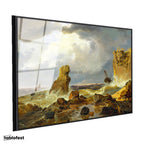 Siyah Renk Metal Çerçeveli Tamperli Cam Tablo C.D. Friedrich Batık Gemi Fırtınalı Deniz Kayalık Ressam Tablosu Dekoru