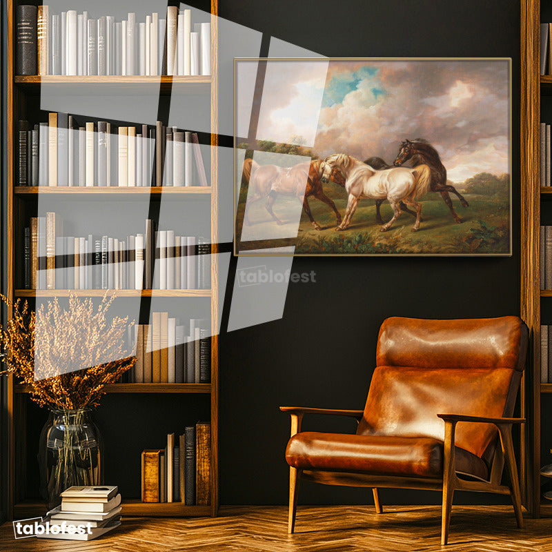 Altın Renk Metal Çerçeveli Tamperli Cam Tablo George Stubbs Atlar Fırtınalı Bulut Manzarası Ressam Tablosu Duvar Dekoru