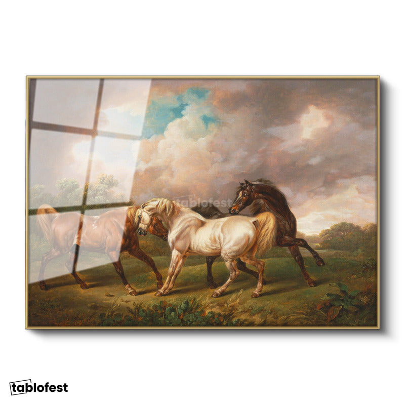 Altın Renk Metal Çerçeveli Tamperli Cam Tablo George Stubbs Atlar Fırtınalı Bulut Manzarası Ressam Tablosu Duvar Dekoru