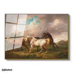 Altın Renk Metal Çerçeveli Tamperli Cam Tablo George Stubbs Atlar Fırtınalı Bulut Manzarası Ressam Tablosu Duvar Dekoru