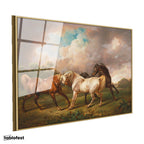 Altın Renk Metal Çerçeveli Tamperli Cam Tablo George Stubbs Atlar Fırtınalı Bulut Manzarası Ressam Tablosu Duvar Dekoru