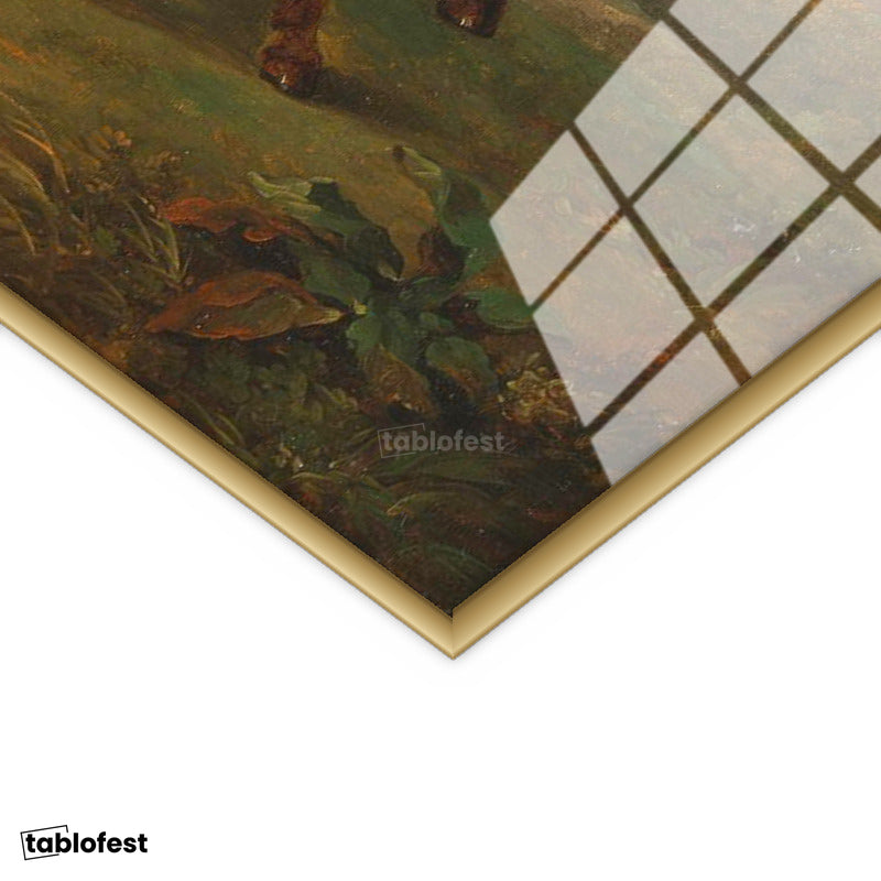 Altın Renk Metal Çerçeveli Tamperli Cam Tablo George Stubbs Atlar Fırtınalı Bulut Manzarası Ressam Tablosu Duvar Dekoru