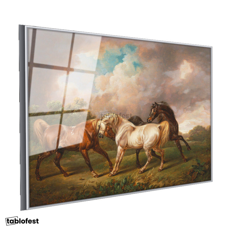 Gümüş Renk Metal Çerçeveli Tamperli Cam Tablo George Stubbs Atlar Fırtınalı Bulut Manzarası Ressam Tablosu Duvar Dekoru