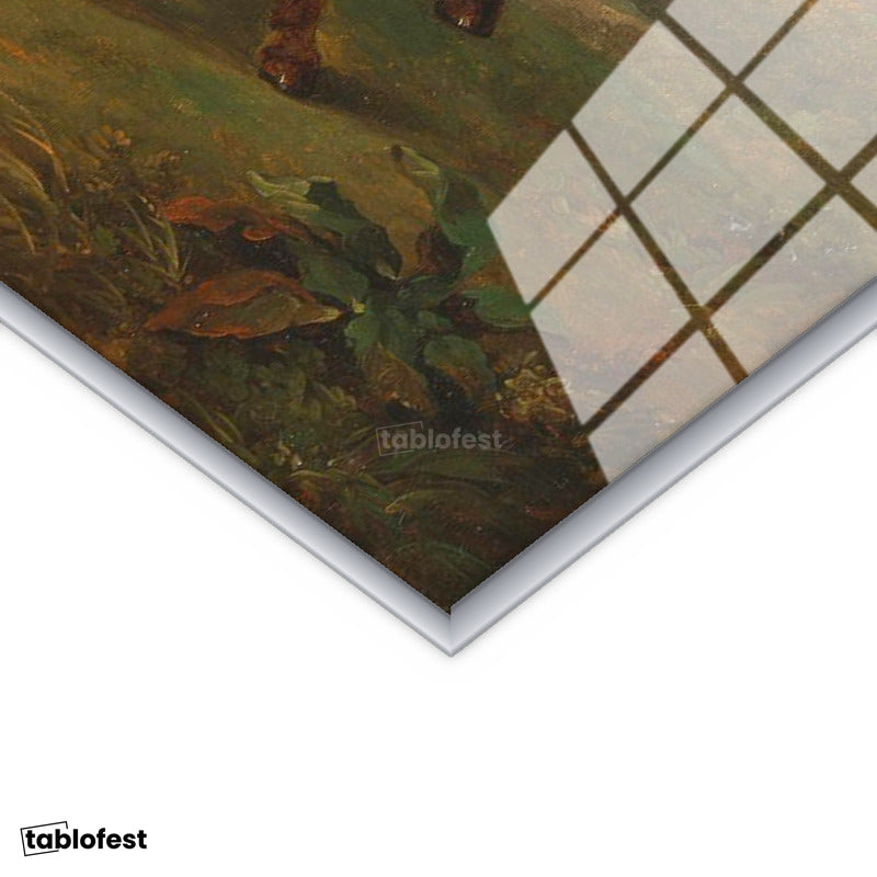 Gümüş Renk Metal Çerçeveli Tamperli Cam Tablo George Stubbs Atlar Fırtınalı Bulut Manzarası Ressam Tablosu Duvar Dekoru
