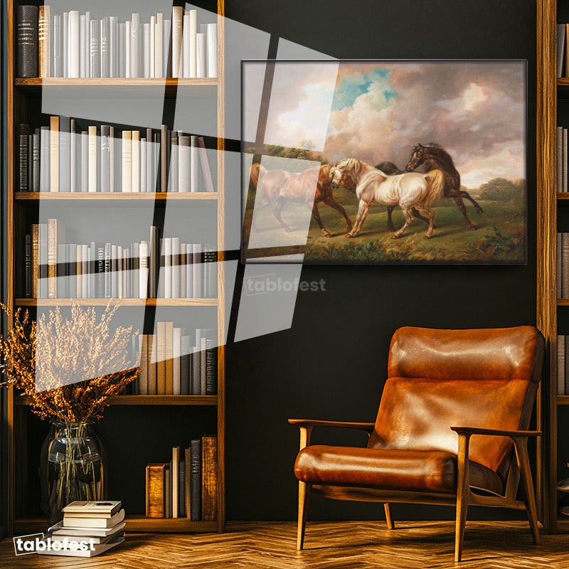 Siyah Renk Metal Çerçeveli Tamperli Cam Tablo George Stubbs Atlar Fırtınalı Bulut Manzarası Ressam Tablosu Duvar Dekoru