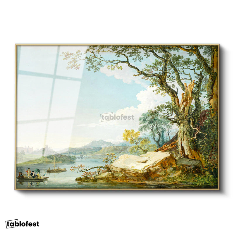 Altın Renk Metal Çerçeveli Tamperli Cam Tablo Paul Sandby Windsor Kalesi Nehir Kenarı Piknik Ressam Tablosu Duvar Dekoru