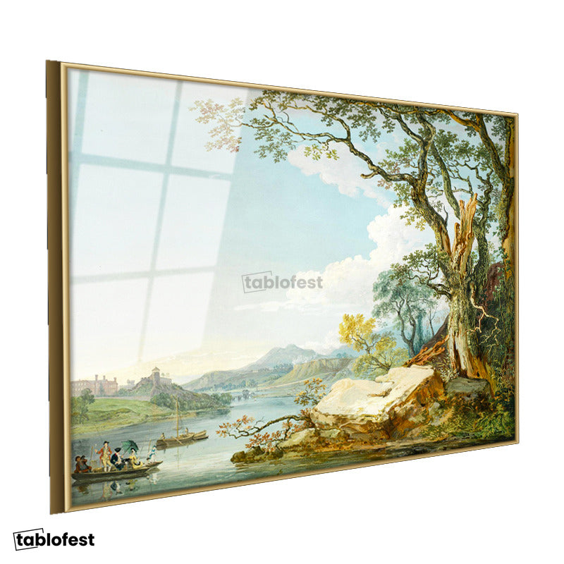 Altın Renk Metal Çerçeveli Tamperli Cam Tablo Paul Sandby Windsor Kalesi Nehir Kenarı Piknik Ressam Tablosu Duvar Dekoru