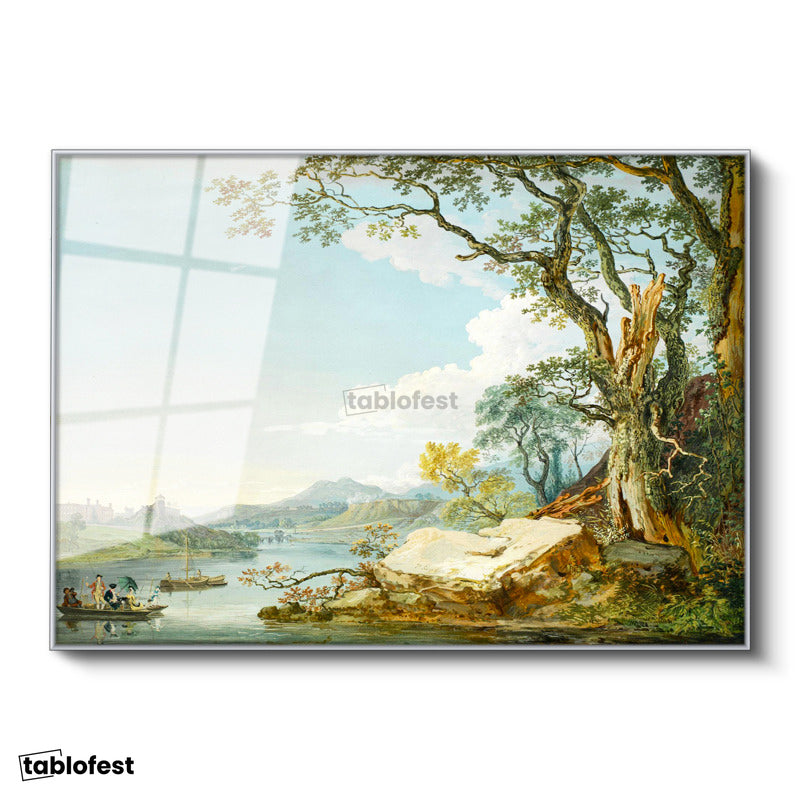 Gümüş Renk Metal Çerçeveli Tamperli Cam Tablo Paul Sandby Windsor Kalesi Nehir Kenarı Piknik Ressam Tablosu Duvar Dekoru