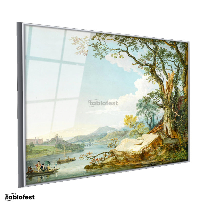 Gümüş Renk Metal Çerçeveli Tamperli Cam Tablo Paul Sandby Windsor Kalesi Nehir Kenarı Piknik Ressam Tablosu Duvar Dekoru