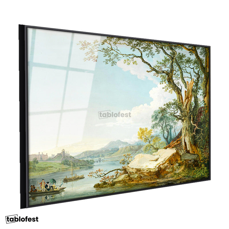 Siyah Renk Metal Çerçeveli Tamperli Cam Tablo Paul Sandby Windsor Kalesi Nehir Kenarı Piknik Ressam Tablosu Duvar Dekoru