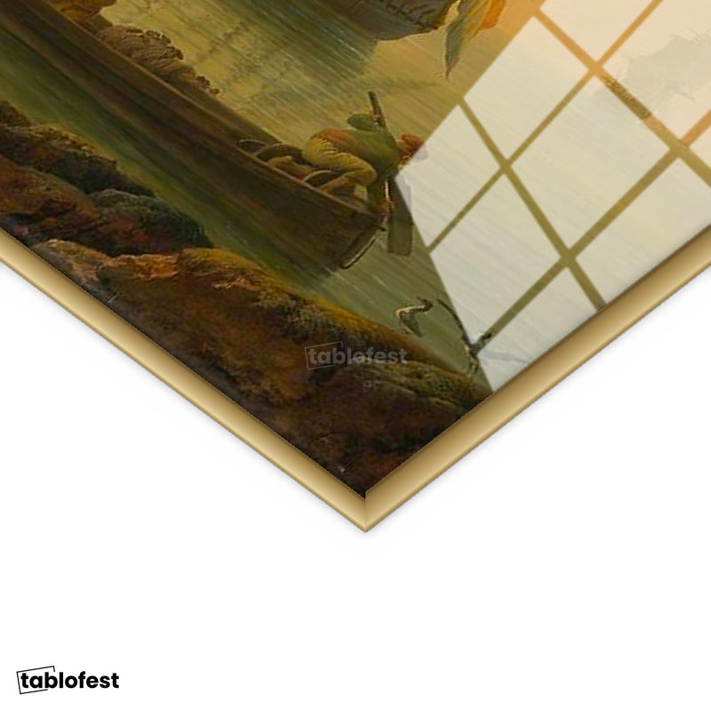 Altın Renk Metal Çerçeveli Tamperli Cam Tablo C.J. Vernet Sakin Liman Manzarası Ressam Tablosu Duvar Dekoru