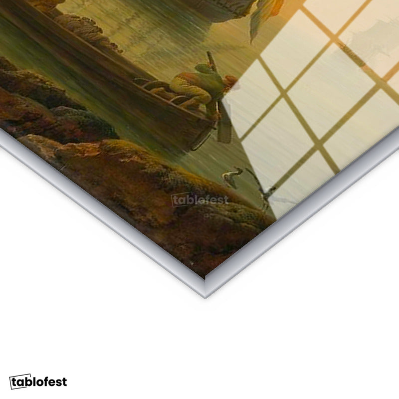 Gümüş Renk Metal Çerçeveli Tamperli Cam Tablo C.J. Vernet Sakin Liman Manzarası Ressam Tablosu Duvar Dekoru