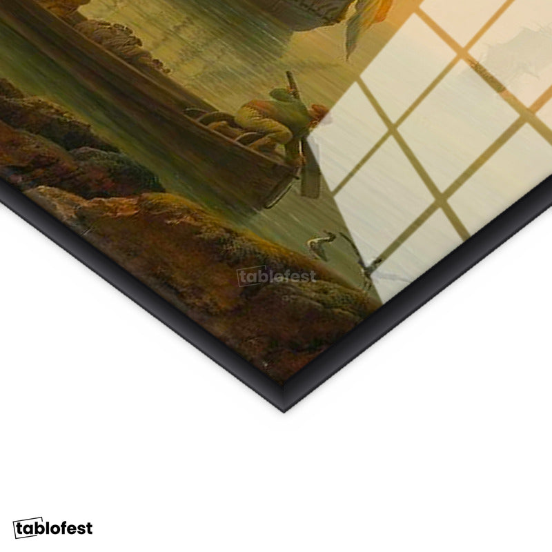 Siyah Renk Metal Çerçeveli Tamperli Cam Tablo C.J. Vernet Sakin Liman Manzarası Ressam Tablosu Duvar Dekoru