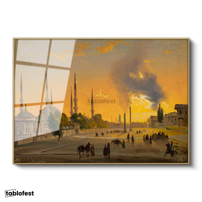 Altın Renk Metal Çerçeveli Tamperli Cam Tablo Ippolito Caffi Sultanahmet Meydanı Obelisk Minare Ressam Tablosu Dekoru