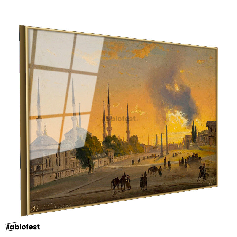 Altın Renk Metal Çerçeveli Tamperli Cam Tablo Ippolito Caffi Sultanahmet Meydanı Obelisk Minare Ressam Tablosu Dekoru