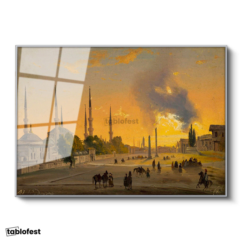 Gümüş Renk Metal Çerçeveli Tamperli Cam Tablo Ippolito Caffi Sultanahmet Meydanı Obelisk Minare Ressam Tablosu Dekoru