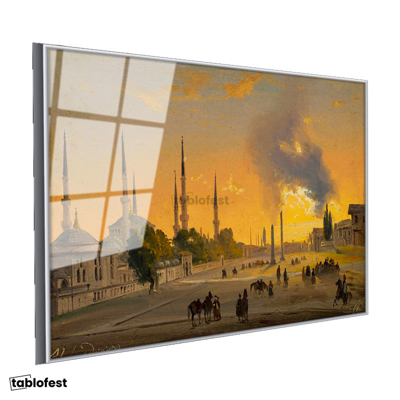 Gümüş Renk Metal Çerçeveli Tamperli Cam Tablo Ippolito Caffi Sultanahmet Meydanı Obelisk Minare Ressam Tablosu Dekoru