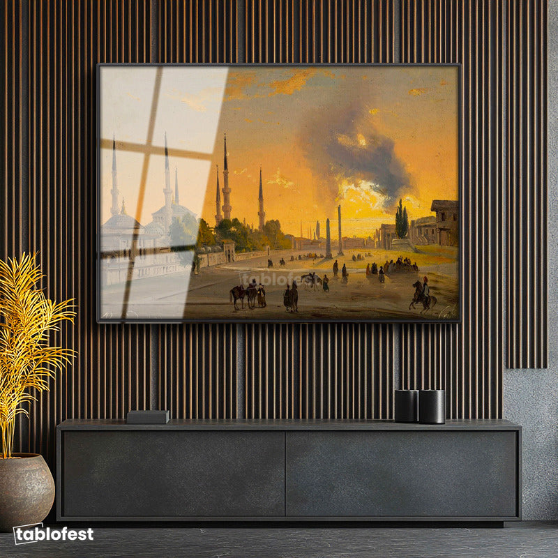Siyah Renk Metal Çerçeveli Tamperli Cam Tablo Ippolito Caffi Sultanahmet Meydanı Obelisk Minare Ressam Tablosu Dekoru