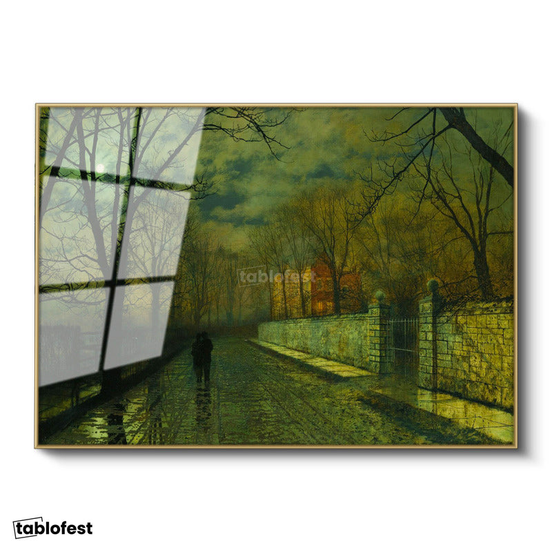 Altın Renk Metal Çerçeveli Tamperli Cam Tablo J.A. Grimshaw Yağmurlu Yol Gece Mehtaplı Figürler Ressam Tablosu Dekoru
