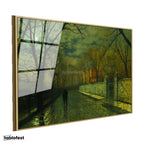 Altın Renk Metal Çerçeveli Tamperli Cam Tablo J.A. Grimshaw Yağmurlu Yol Gece Mehtaplı Figürler Ressam Tablosu Dekoru