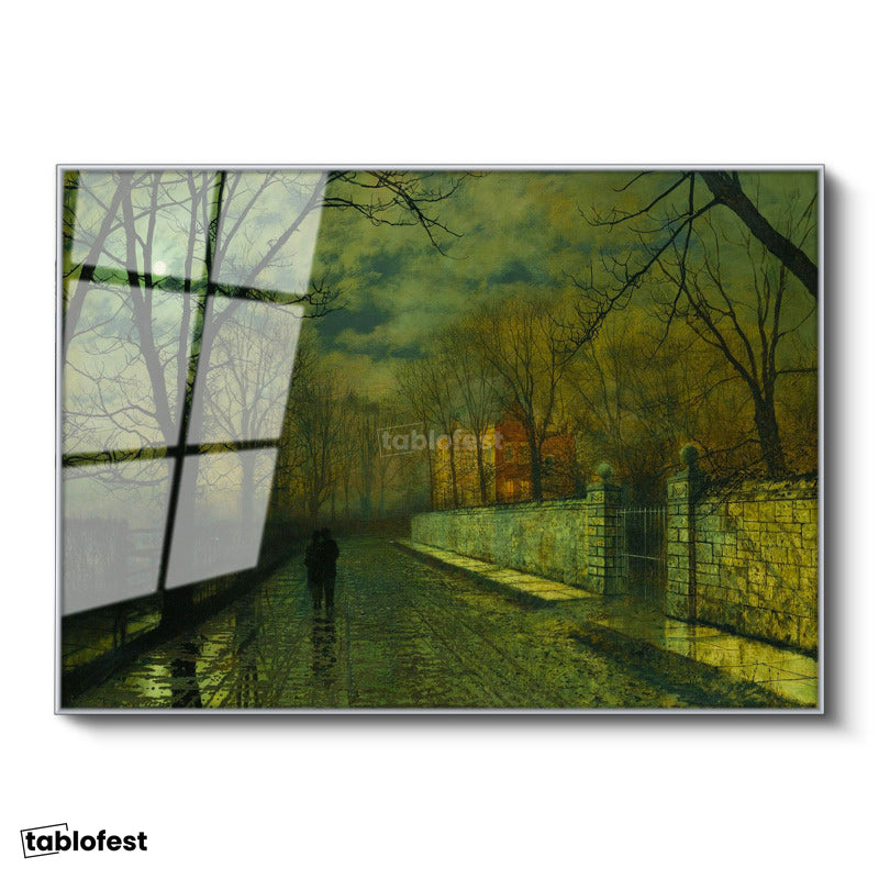 Gümüş Renk Metal Çerçeveli Tamperli Cam Tablo J.A. Grimshaw Yağmurlu Yol Gece Mehtaplı Figürler Ressam Tablosu Dekoru
