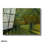 Gümüş Renk Metal Çerçeveli Tamperli Cam Tablo J.A. Grimshaw Yağmurlu Yol Gece Mehtaplı Figürler Ressam Tablosu Dekoru